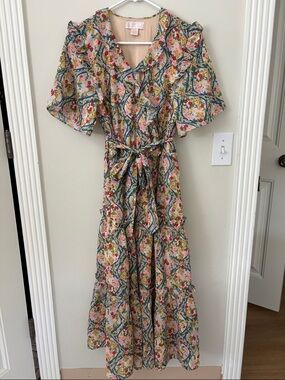 Rachel Parcell Pink and Green Floral Wrap Maxi Dress